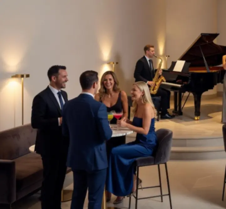 Soirée thématique élégante au sein du restaurant lounge Roi Jack avec invités en tenue de soirée.
