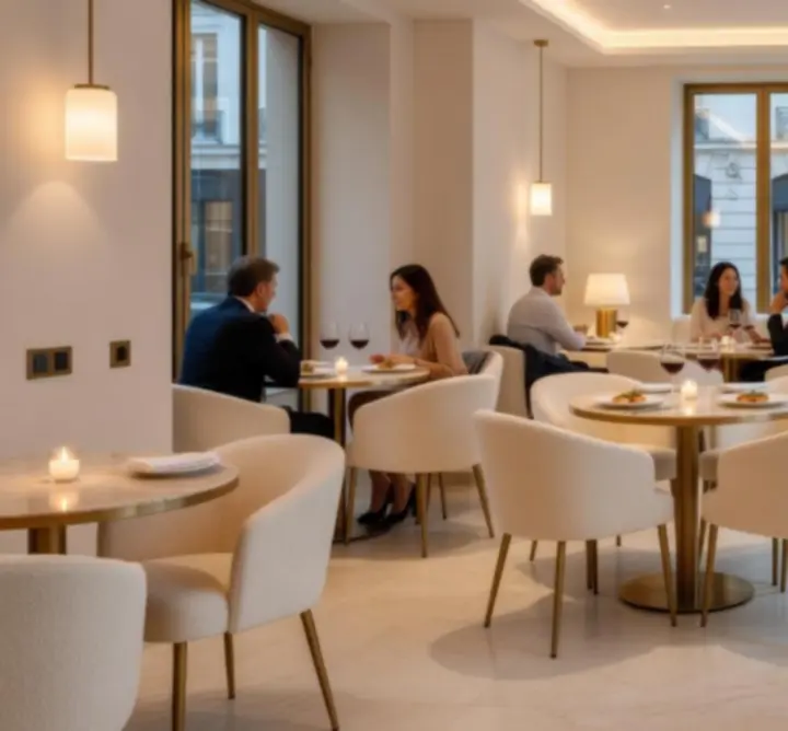 Ambiance chaleureuse du restaurant lounge Roi Jack avec lumière tamisée et convives attablés.