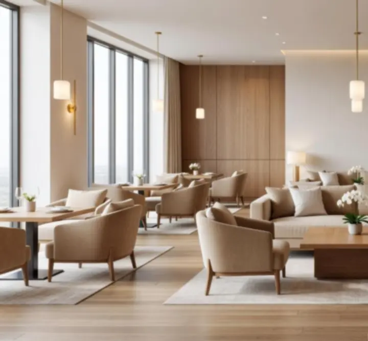 Intérieur lounge chaleureux de Roi Jack avec fauteuils confortables, tables élégantes et lumière dorée.