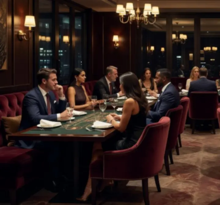 Intérieur du salon d'inspiration casino du restaurant Roi Jack, aux lumières chaudes et ambiance feutrée