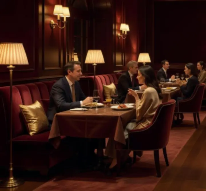 Ambiance du soir chez Roi Jack avec lumière dorée et tables élégamment dressées.
