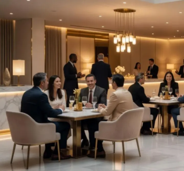 Vue du restaurant Roi Jack en soirée avec une lumière chaude et des invités réunis.